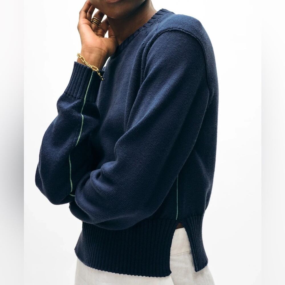 White + Warren Cotton Rib Sweater Navy Blue Green Crewneck Raglan NWT Medium
